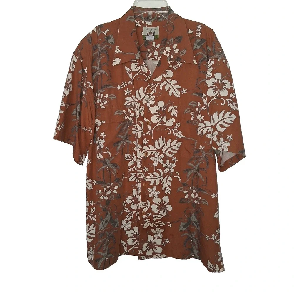 Reyn Spooner Linen Blend Shirt Men's Large Chest Flap Pockets Floral Hawaiian